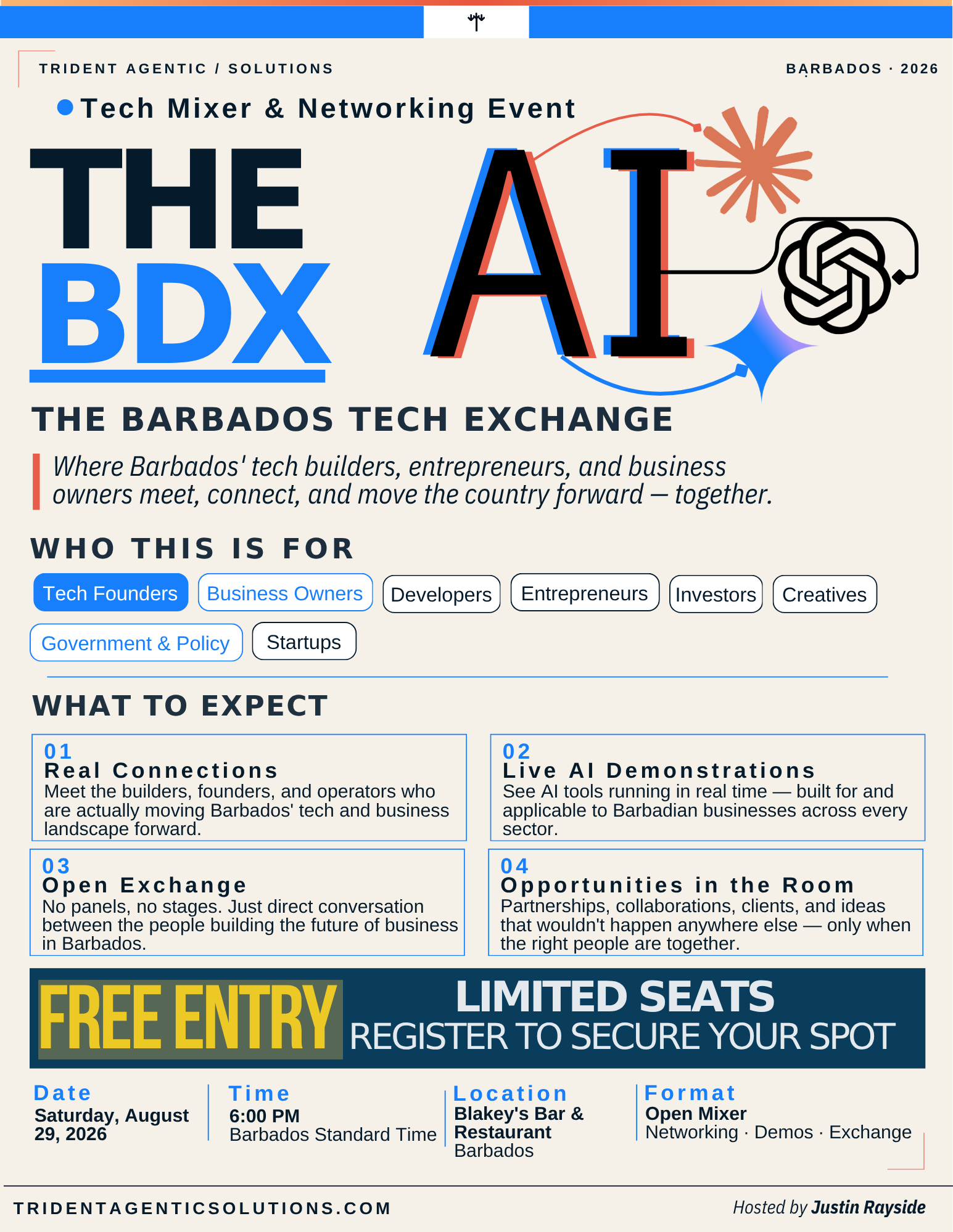 The BDX — Barbados Tech Exchange mixer flyer, Saturday, August 29, 2026